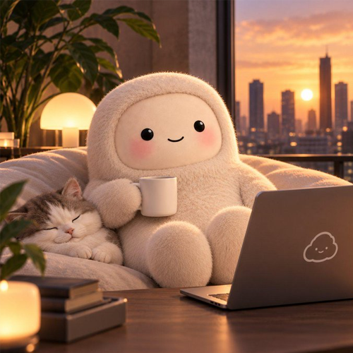 JOLLY at golden sunset with coffee, laptop, and a sleeping cat